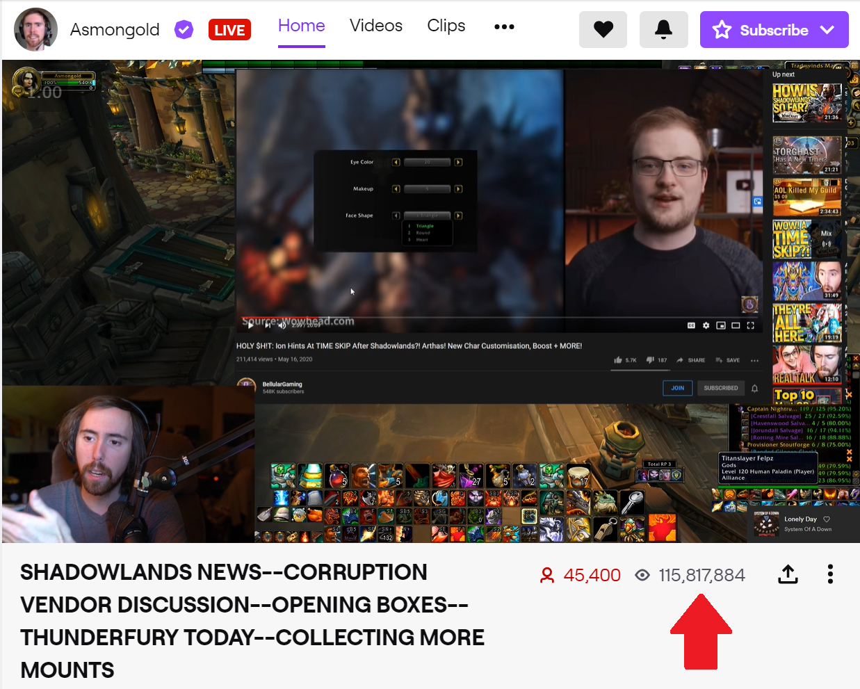 The Home tab for Asmongold shows the channel has 115M views as of 19th May, 2020.