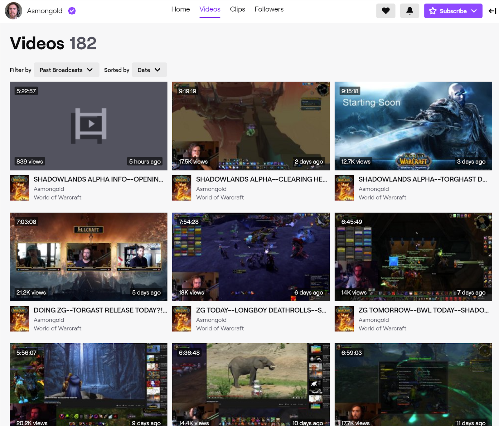 Screenshot of Asmongold’s Videos tab for showing information about his archived broadcasts.